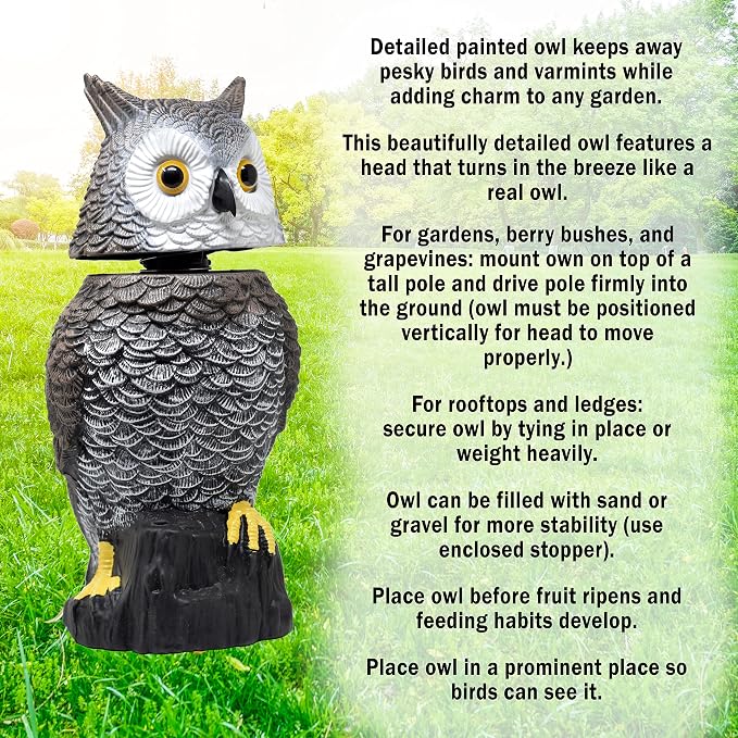 Owl Decoy to Scare Birds Away Scarecrow Fake Owl with Rotating Head 15" Tall