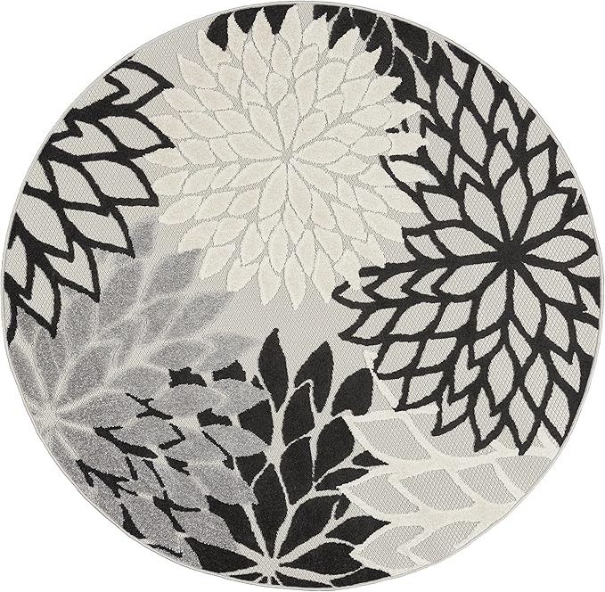 Nourison Home Aloha 48" Round Fabric Indoor/Outdoor Rug in Black/White Finish