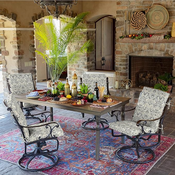 Arden Outdoor Patio Dining Chair Cushion, 20x44, Rain-Proof Seat Pad, Fade-Resistant Outdoor Cushion Neutral Aurora Damask