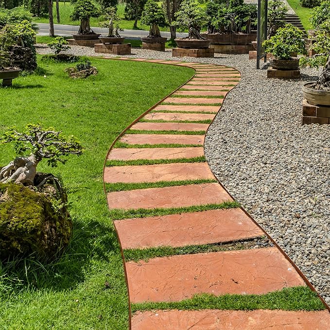 Worth Garden 10-Pack Corten Steel Landscape Lawn Edging - 5in H (2.5" above ground + 2.5" spikes) Rust Patina Bendable Metal Strips - Hammer-in Border with 11 Clips - Yard Pathway Divider (33Ft Total)