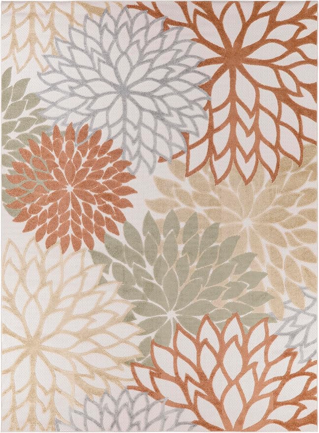 Nourison Home Aloha Indoor-Outdoor Ivory Multicolor 9' x 12' Area Rug, Easy Cleaning, Non Shedding, Bed Room, Living Room, Dining Room, Backyard, Deck, Patio (9x12)