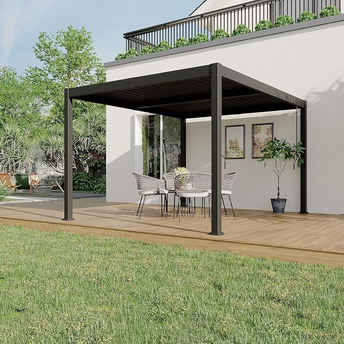 10x12 ft Adjustable Louvered Pergola, Independent Rainproof Roof, Outdoor Aluminum Patio Cover with Hidden Drainage for Garden Deck, Modern Gray