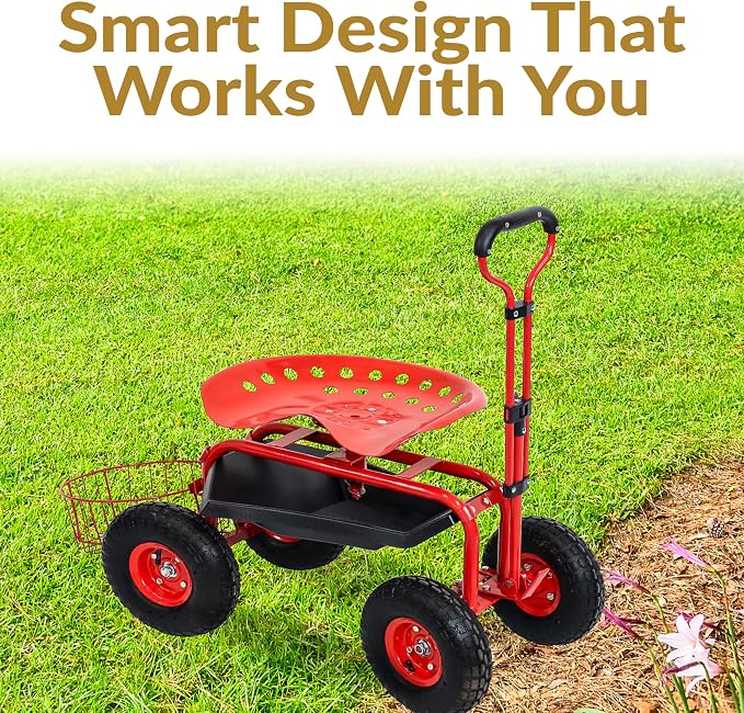 Sunnydaze Garden Cart with Wheels - Garden Stool on Wheels - Rolling Gardening Seat with Extendable Handle - Swivel Seat - Red